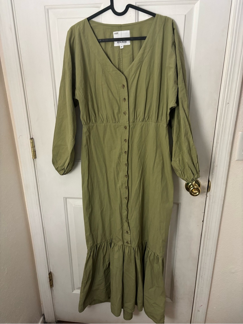 Button-Front Olive Maxi Dress with Ruffled Hem